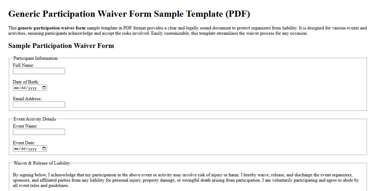 generic participation waiver form sample template PDF image preview