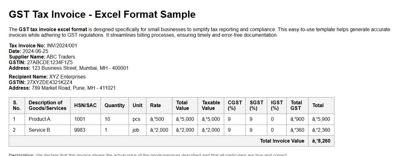 GST tax invoice excel format for small businesses image preview