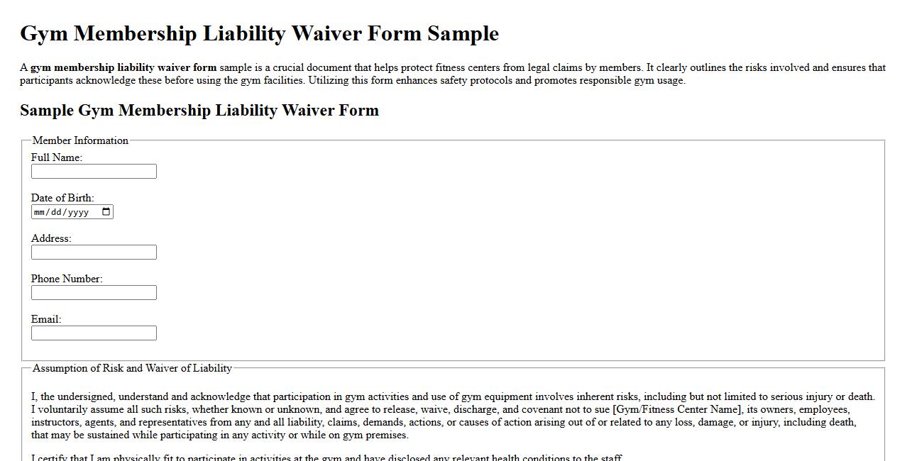 gym membership liability waiver form sample image preview
