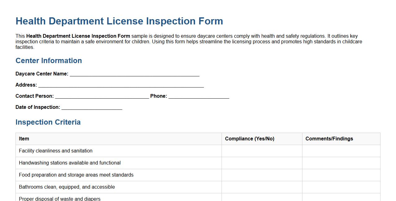 Health department license inspection form sample for daycare centers image preview