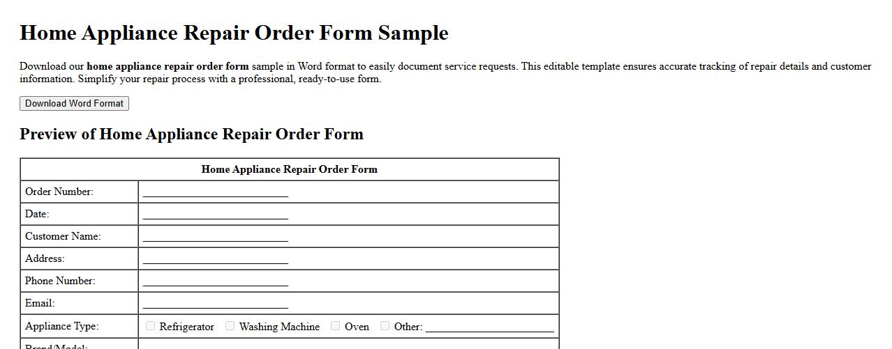 home appliance repair order form sample in Word format image preview