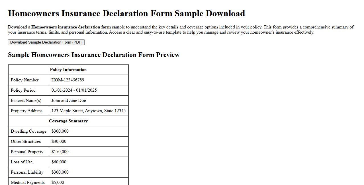 Homeowners insurance declaration form sample download image preview