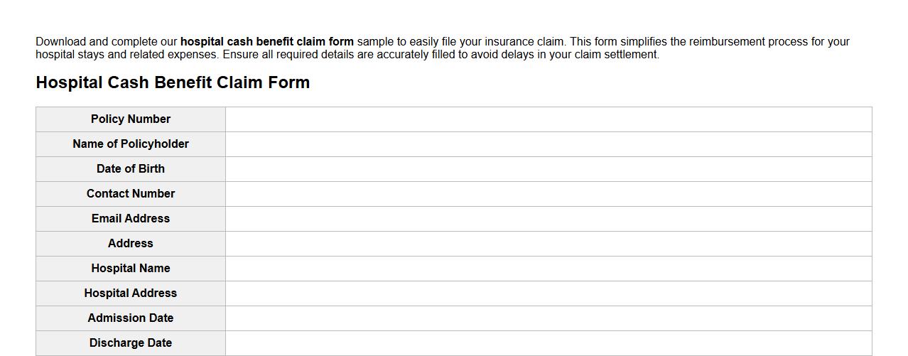 hospital cash benefit claim form sample image preview