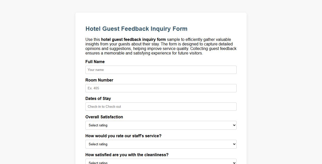 hotel guest feedback inquiry form sample image preview