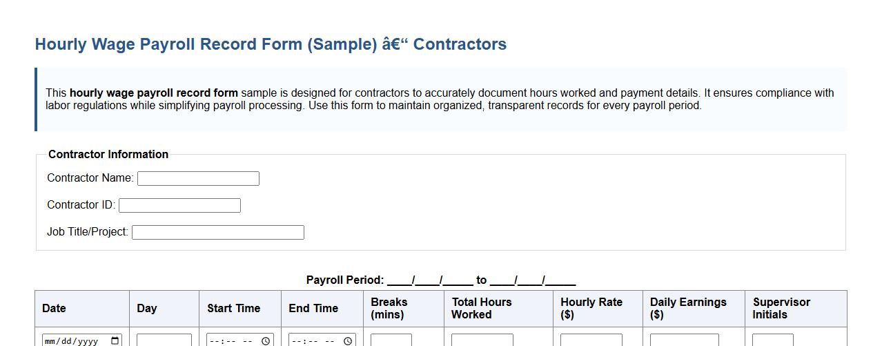 hourly wage payroll record form sample for contractors image preview