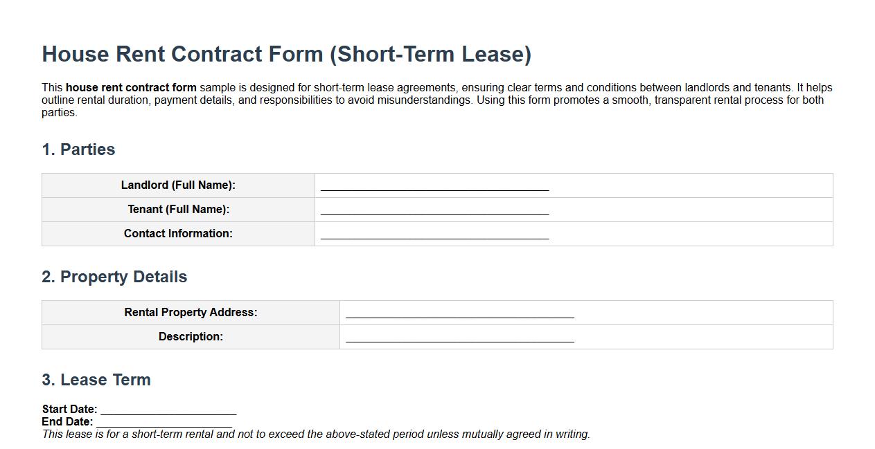 House rent contract form sample for short-term lease image preview