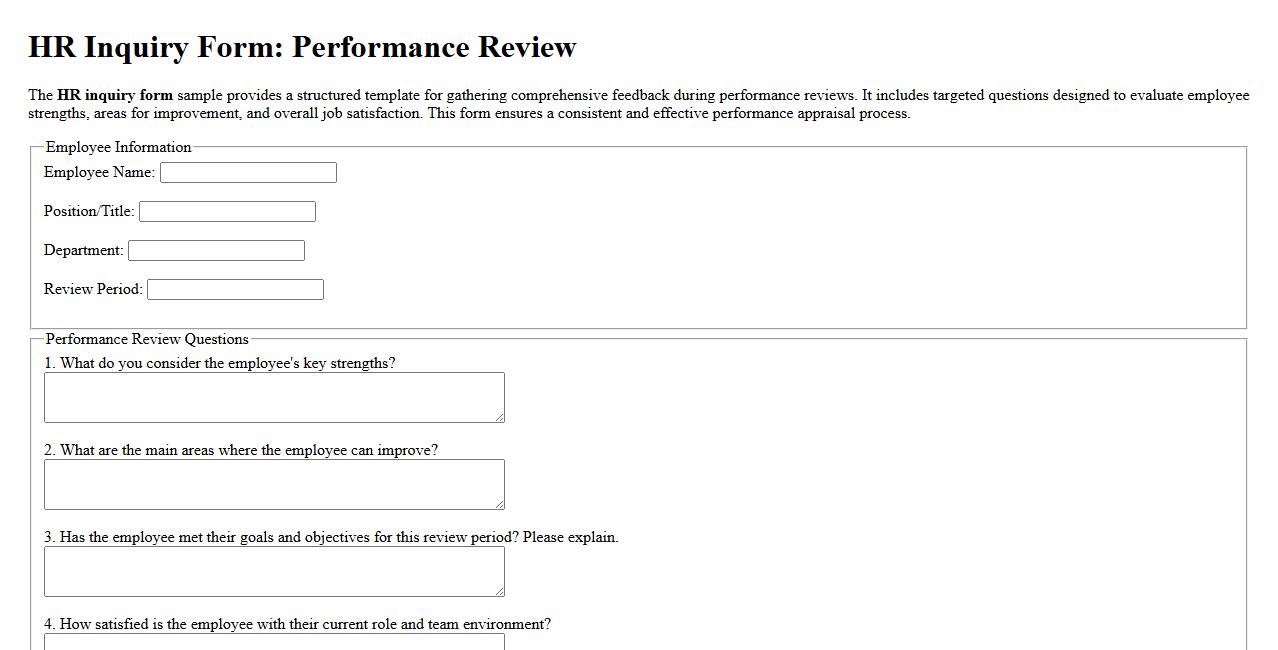 HR inquiry form sample for performance review questions image preview