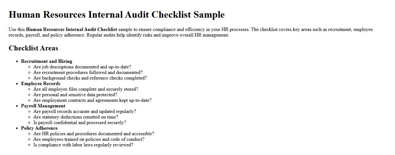 Human resources internal audit checklist sample image preview