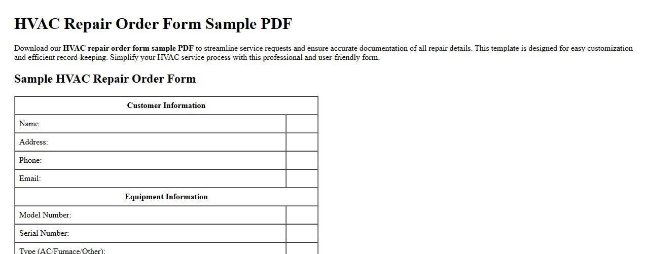 HVAC repair order form sample PDF image preview