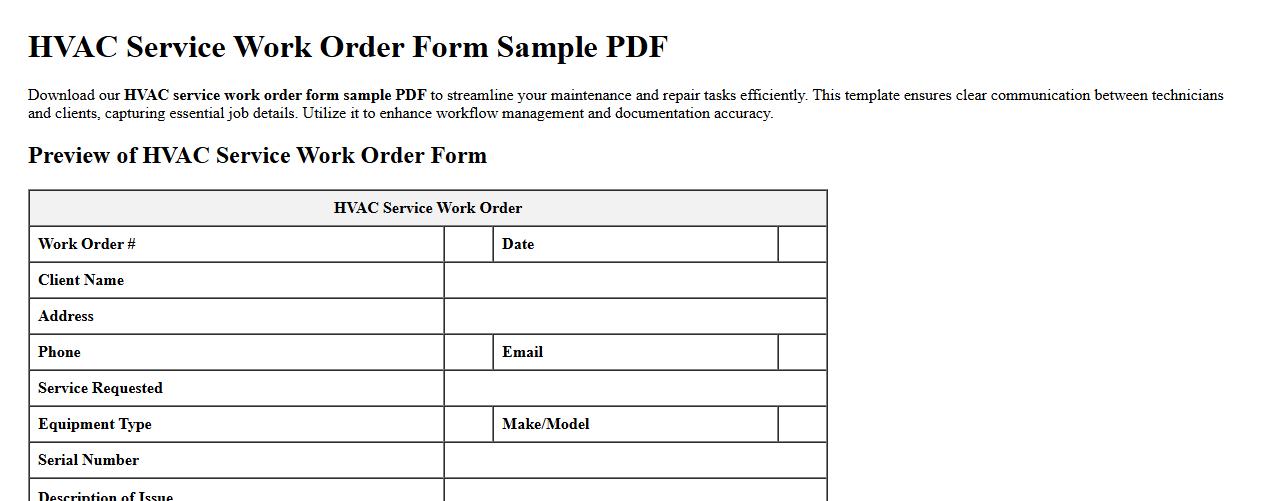 HVAC service work order form sample PDF image preview