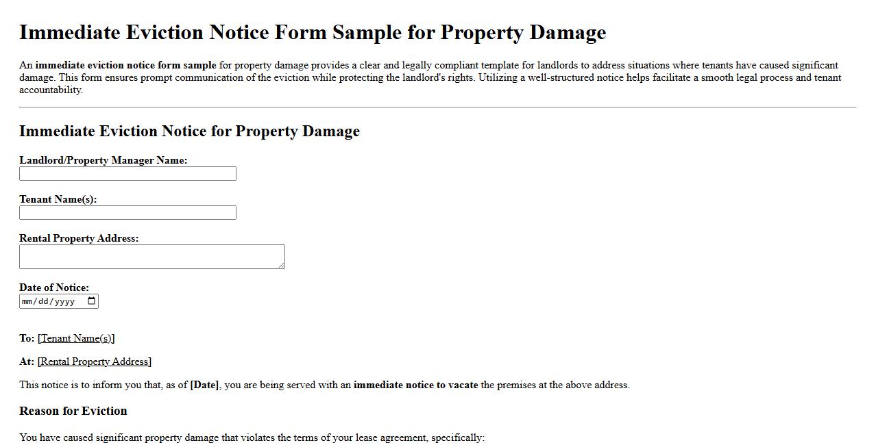 Immediate eviction notice form sample for property damage image preview