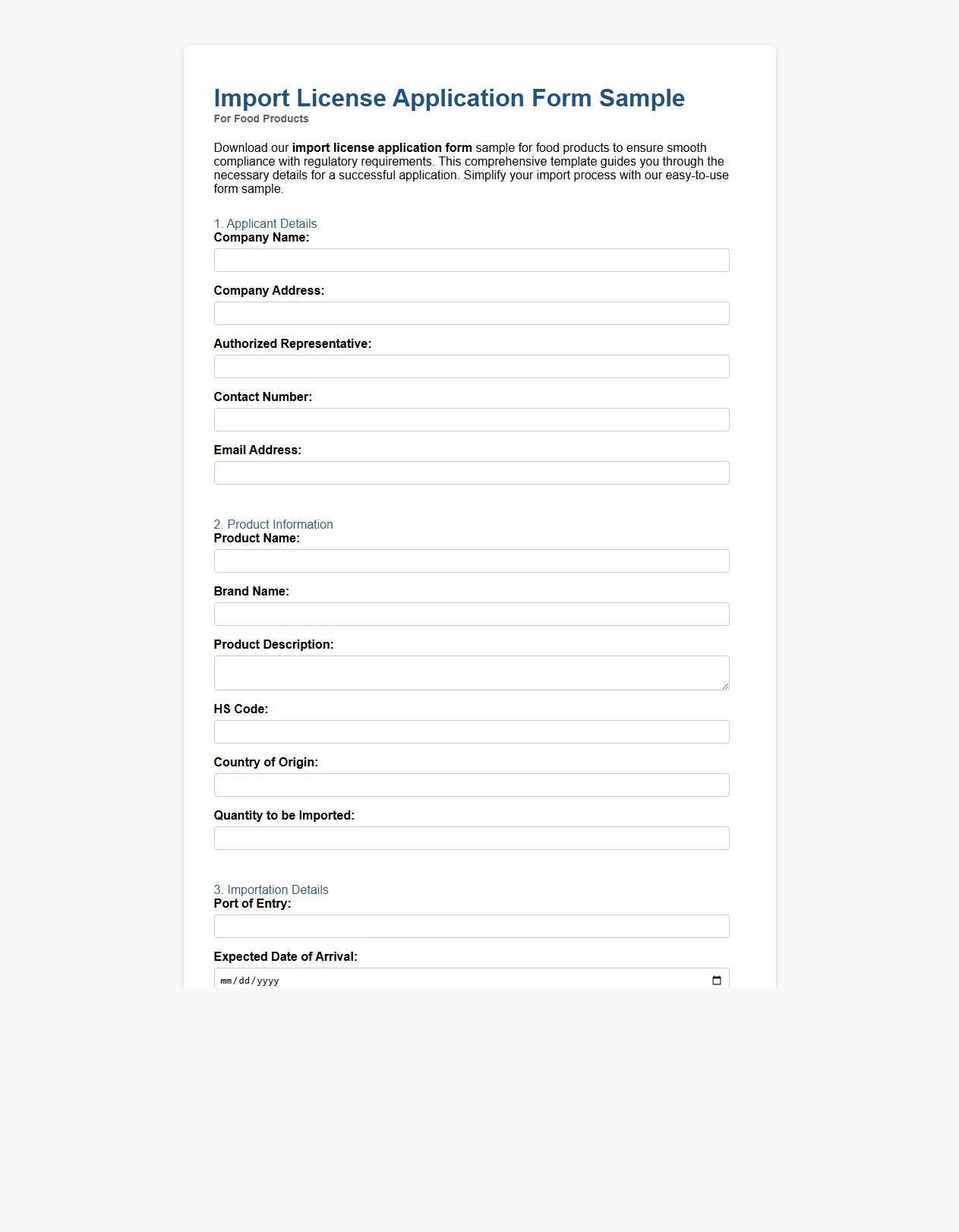 import license application form sample for food products image preview