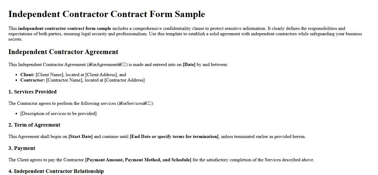 Independent contractor contract form sample with confidentiality clause image preview