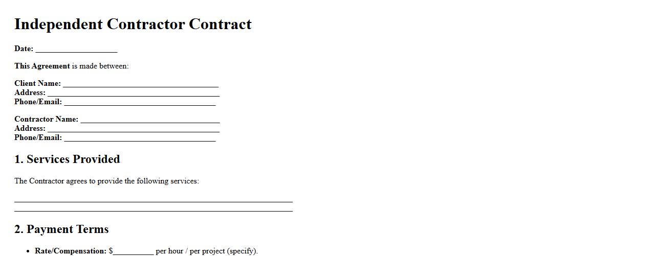 Independent contractor contract form sample with payment terms image preview