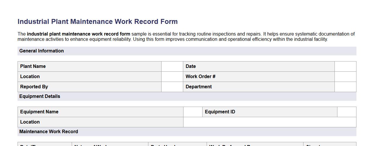 industrial plant maintenance work record form sample image preview