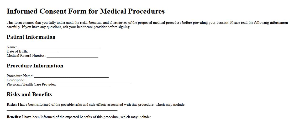 Informed consent form sample for medical procedures image preview