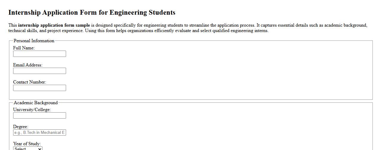 Internship application form sample for engineering students image preview