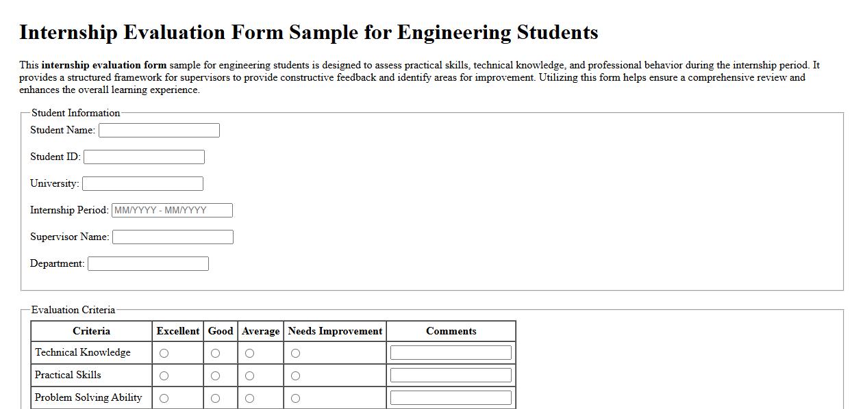 Internship evaluation form sample for engineering students image preview