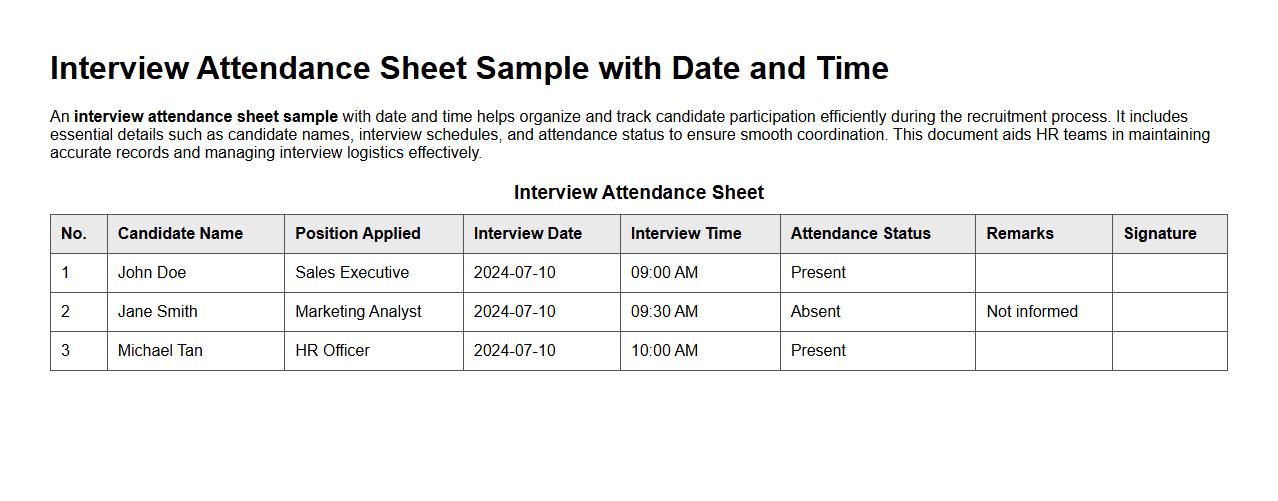interview attendance sheet sample with date and time image preview