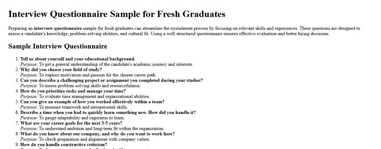 Interview questionnaire sample for fresh graduates image preview