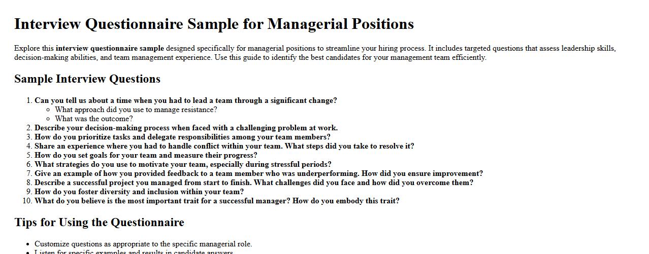 Interview questionnaire sample for managerial positions image preview