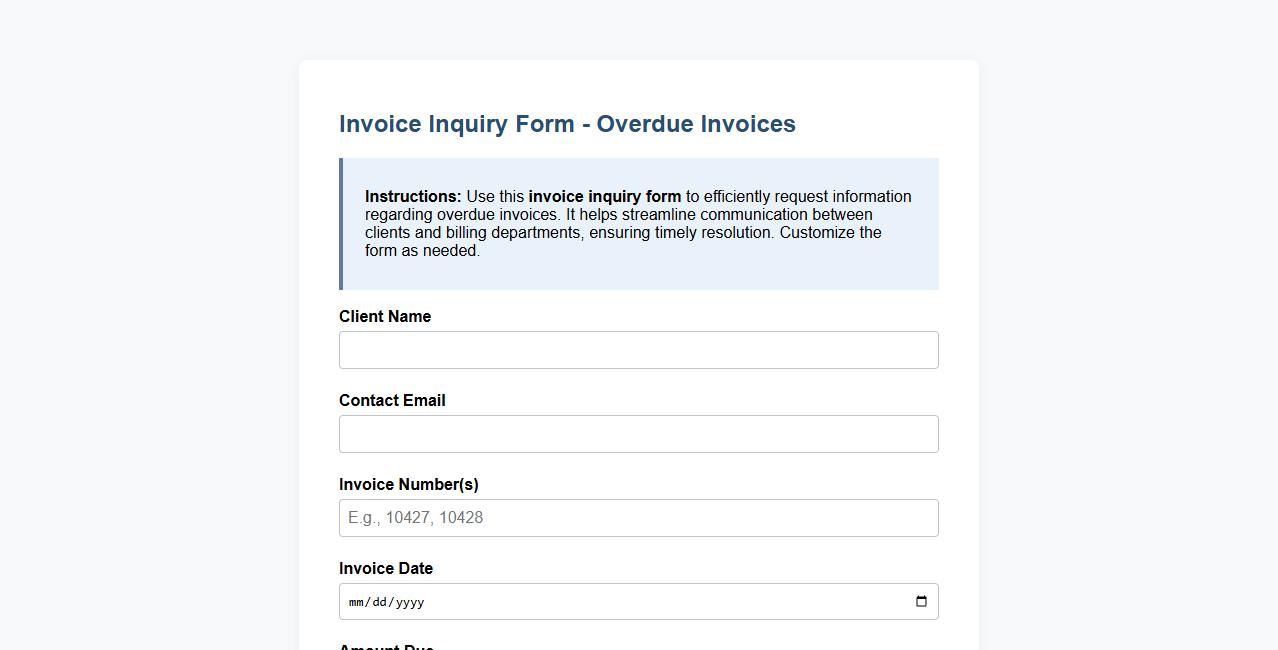 invoice inquiry form sample for overdue invoices image preview