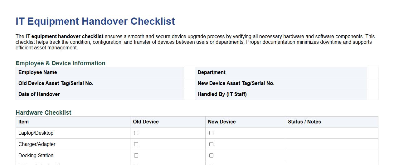 IT equipment handover checklist for device upgrade process image preview