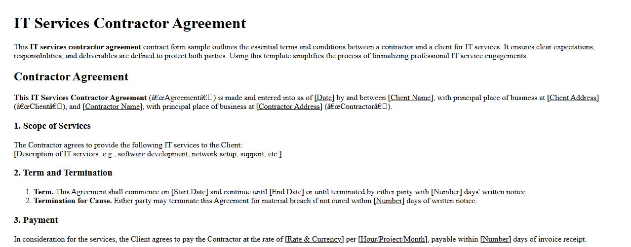 IT services contractor agreement contract form sample image preview