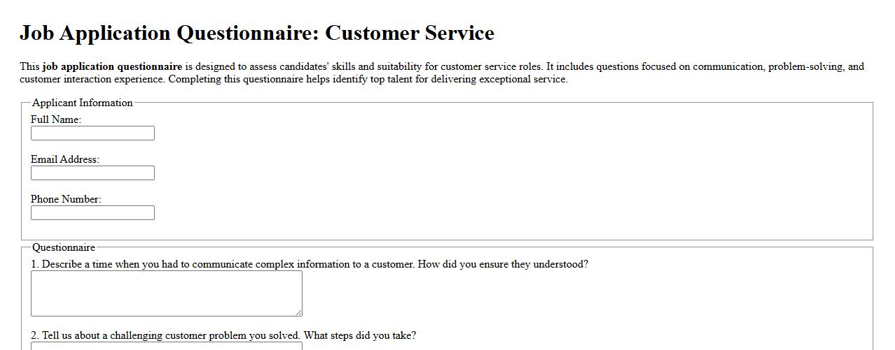 Job application questionnaire for customer service roles image preview