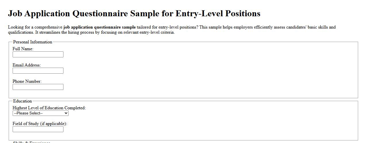 Job application questionnaire sample for entry-level positions image preview