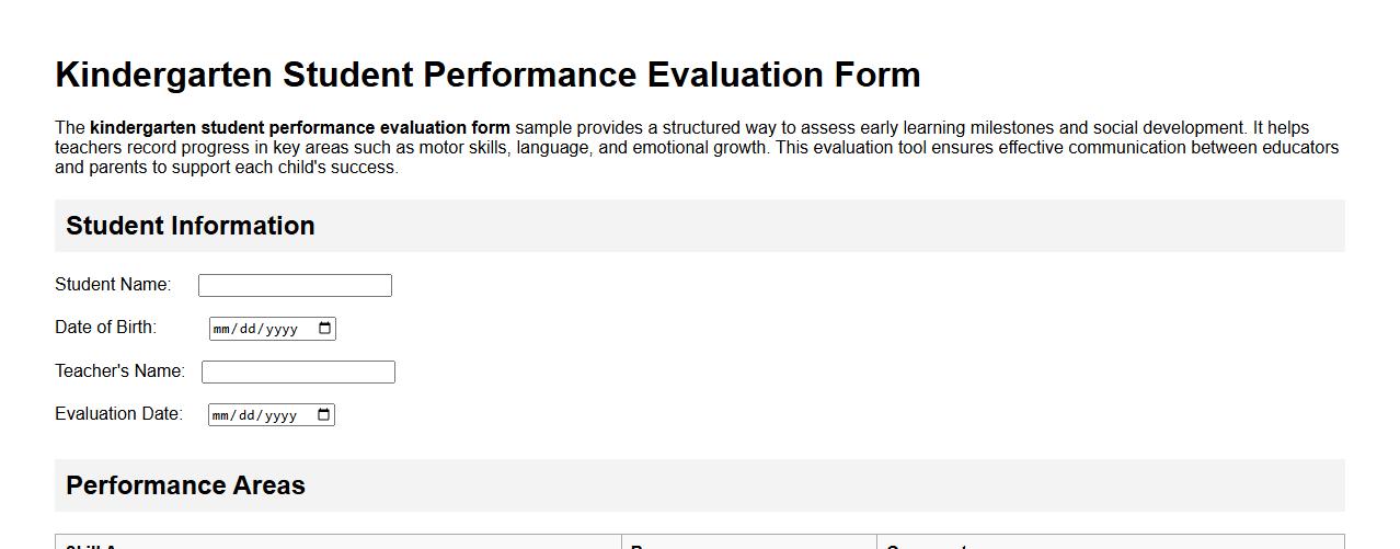 Kindergarten student performance evaluation form sample image preview