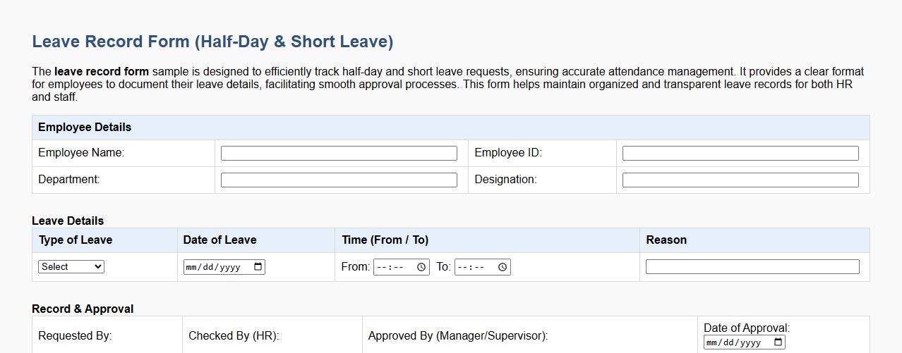 leave record form sample for half-day and short leave image preview