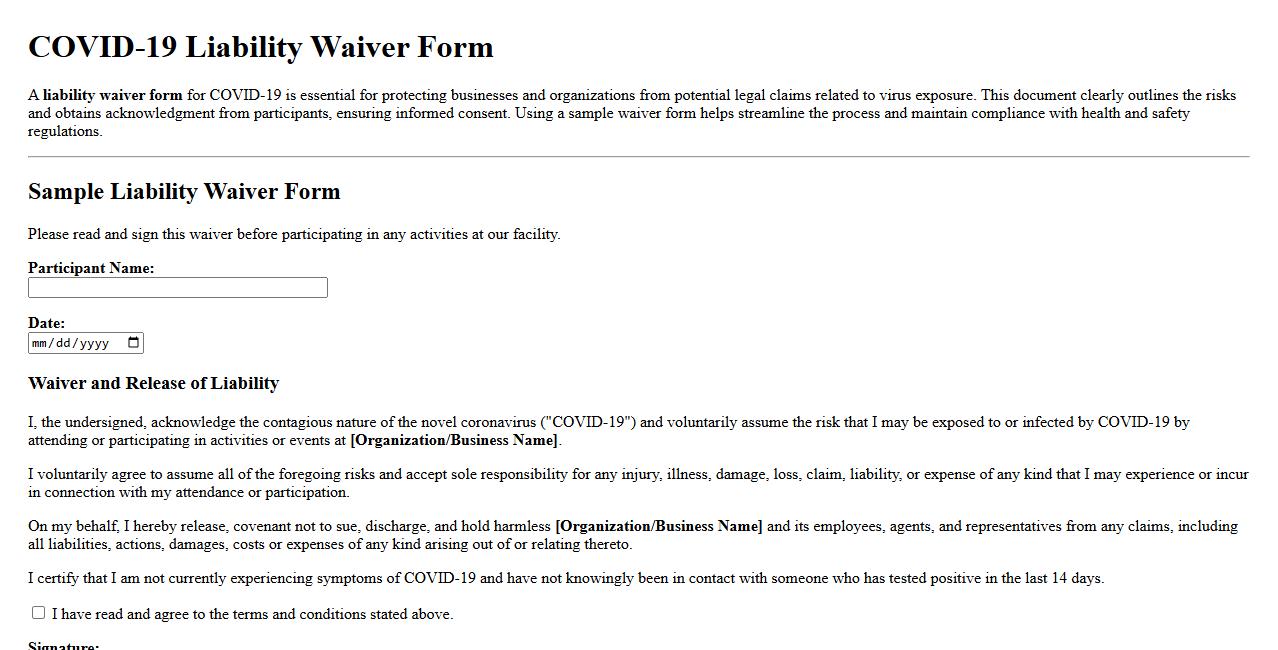 Liability waiver form sample for COVID-19 image preview
