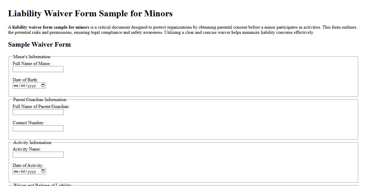 Liability waiver form sample for minors image preview