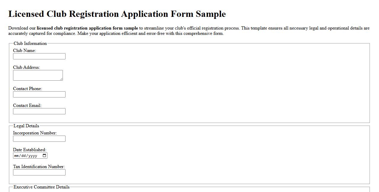 licensed club registration application form sample image preview