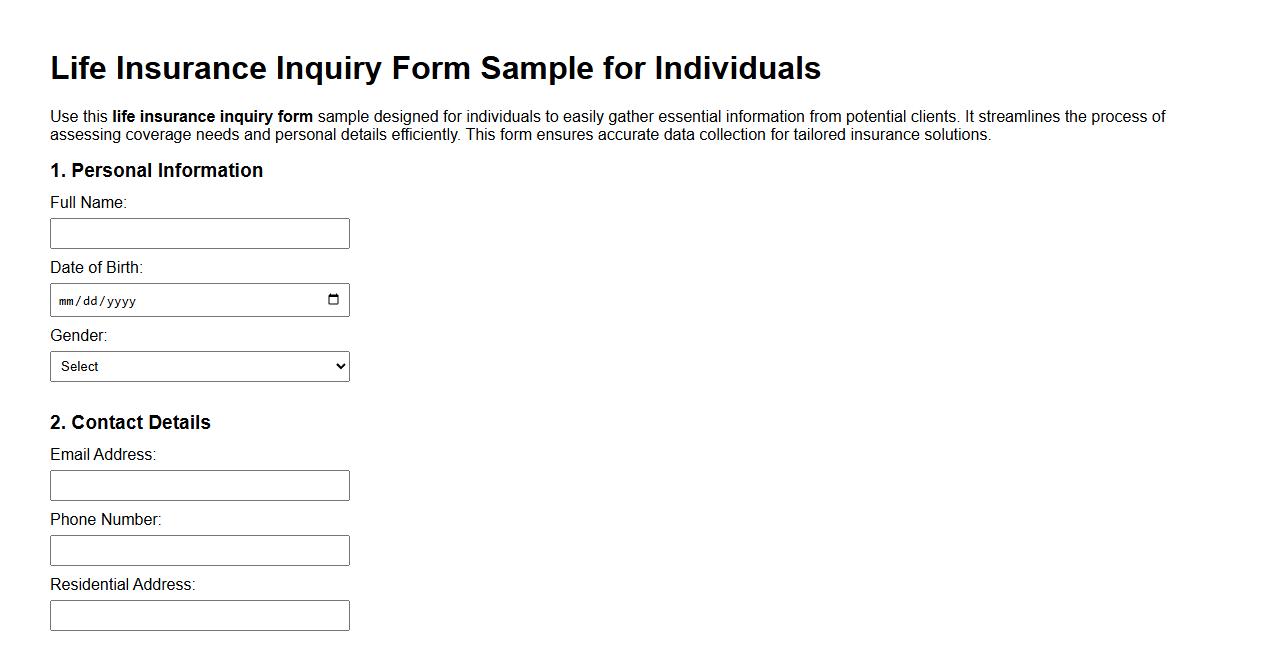 Life insurance inquiry form sample for individuals image preview
