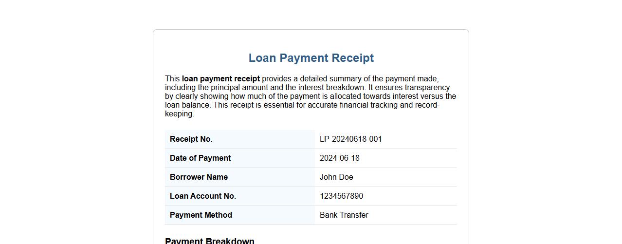 Loan payment receipt with interest breakdown image preview
