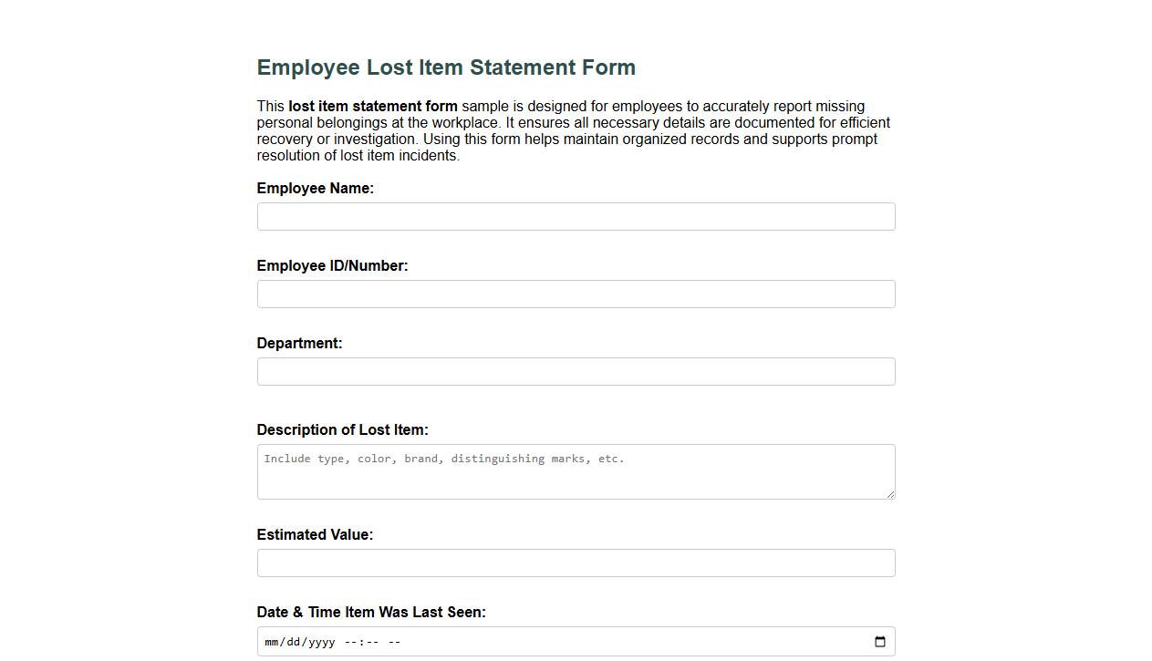 lost item statement form sample for employees image preview