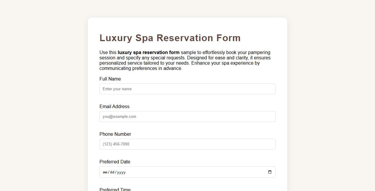 luxury spa reservation form sample with special requests image preview