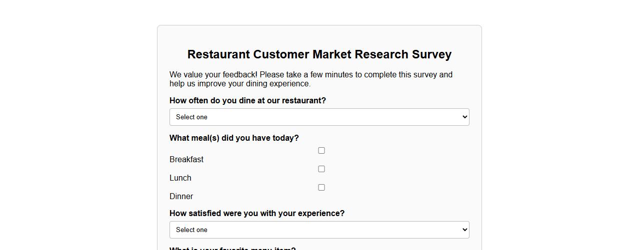 market research survey form sample for restaurant customers image preview