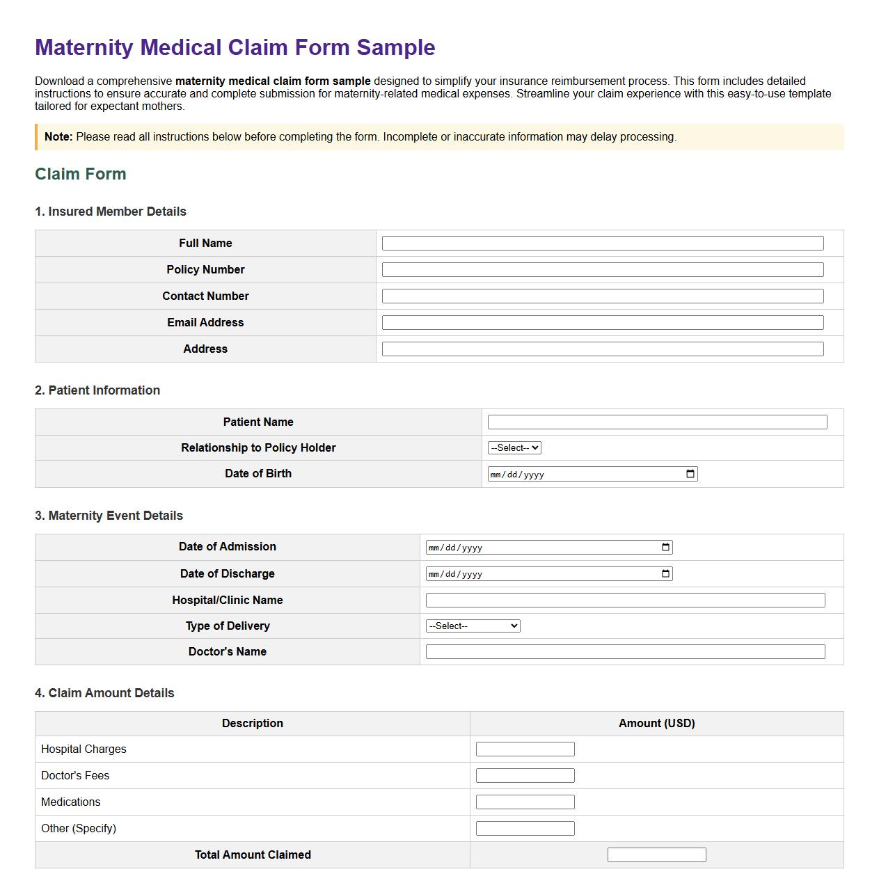 Maternity medical claim form sample with instructions image preview