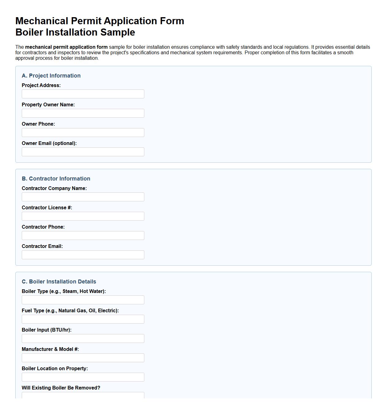 mechanical permit application form sample for boiler installation image preview