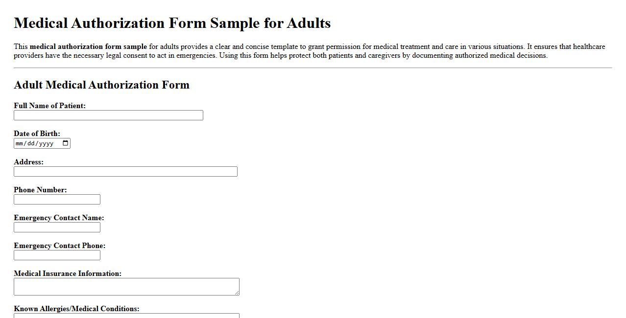Medical authorization form sample for adults image preview