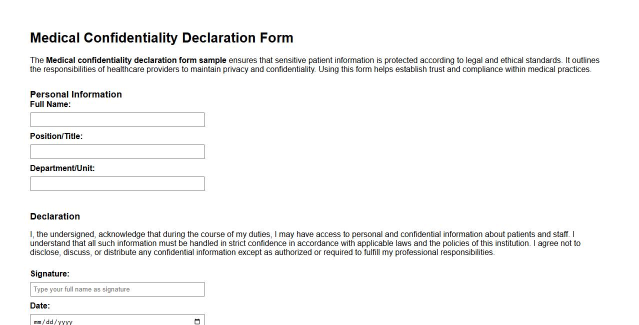 Medical confidentiality declaration form sample image preview