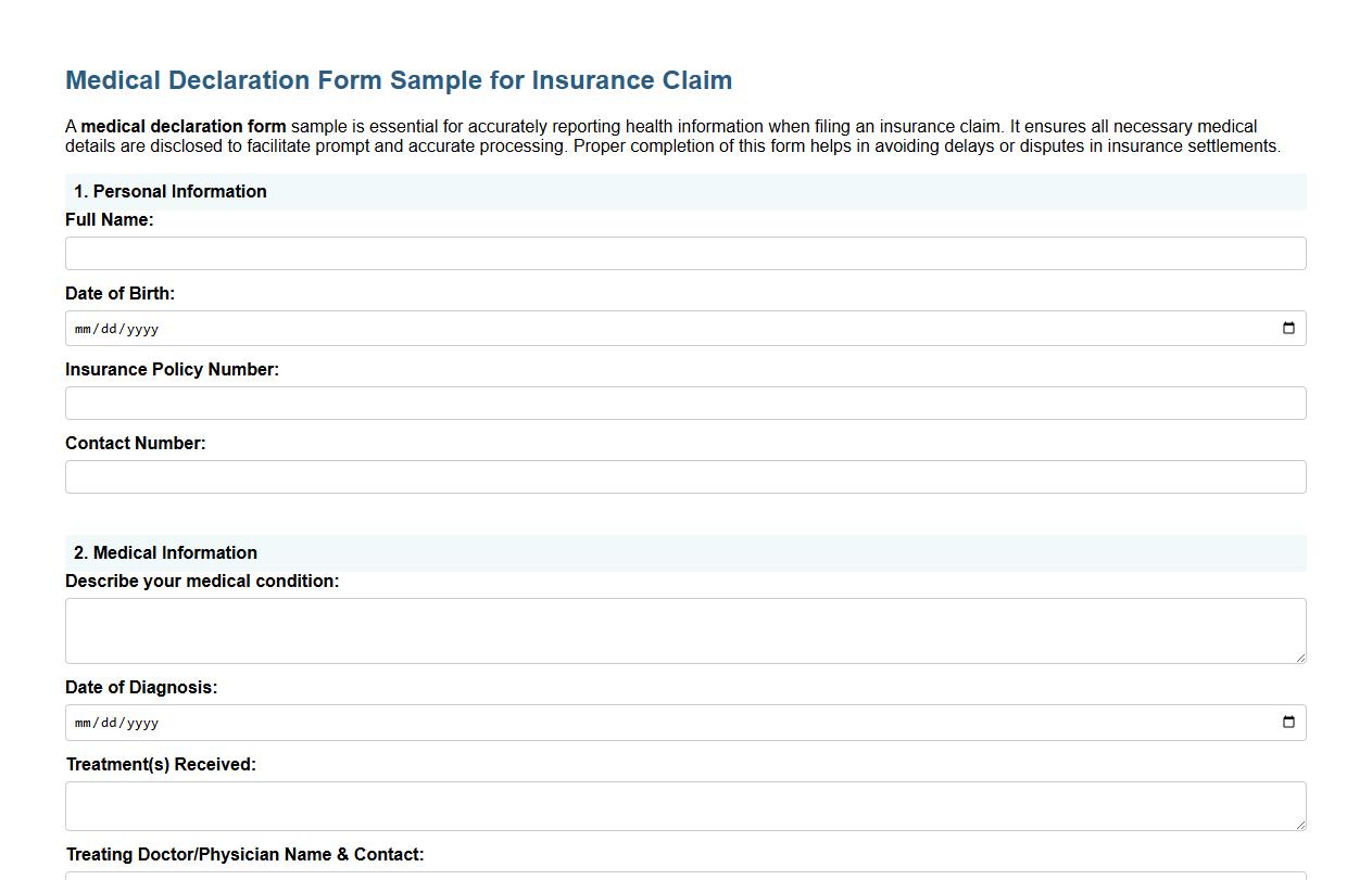 Medical declaration form sample for insurance claim image preview