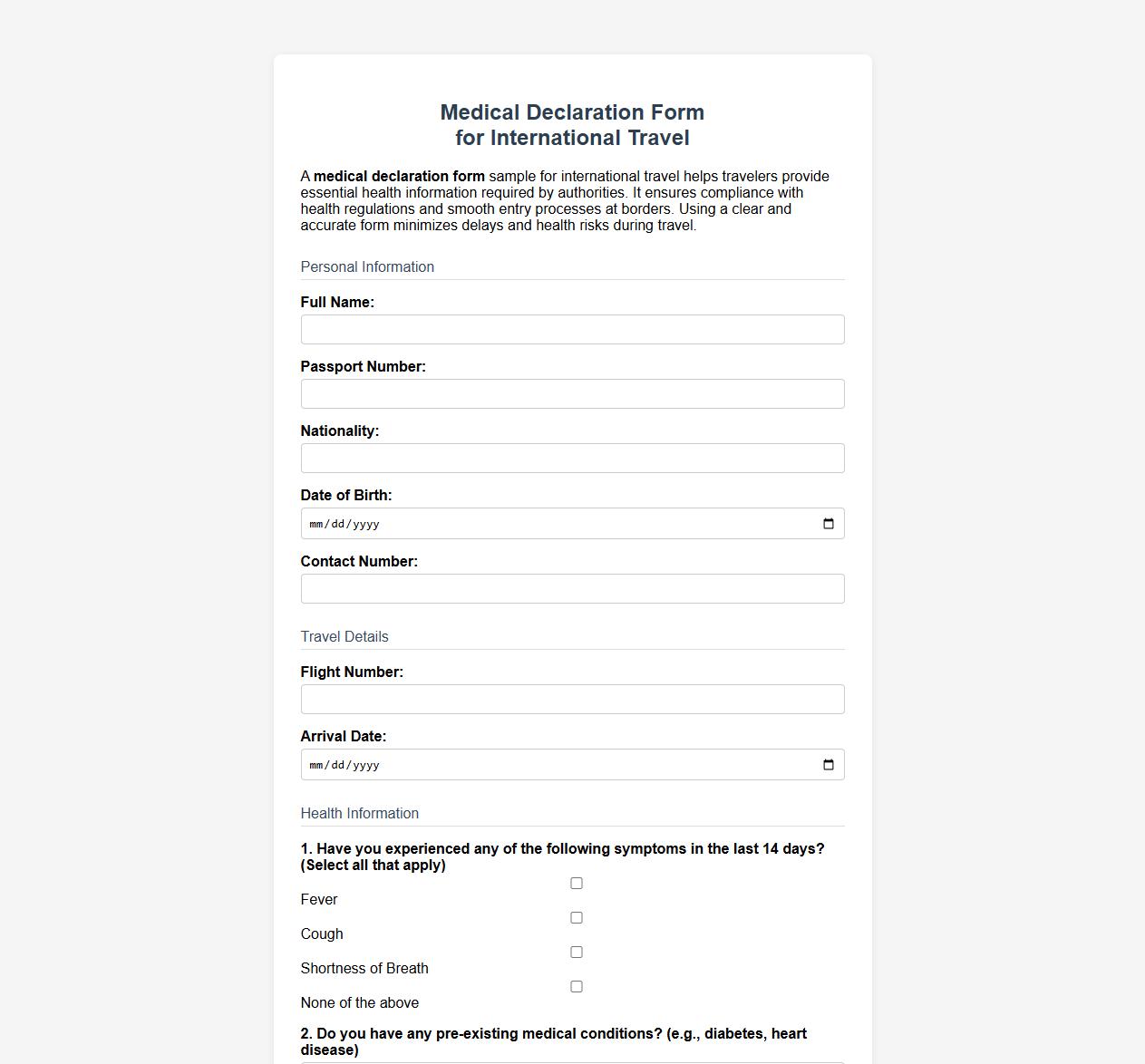 Medical declaration form sample for international travel image preview