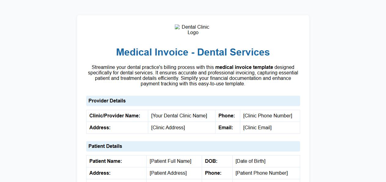 Medical invoice template for dental services billing image preview