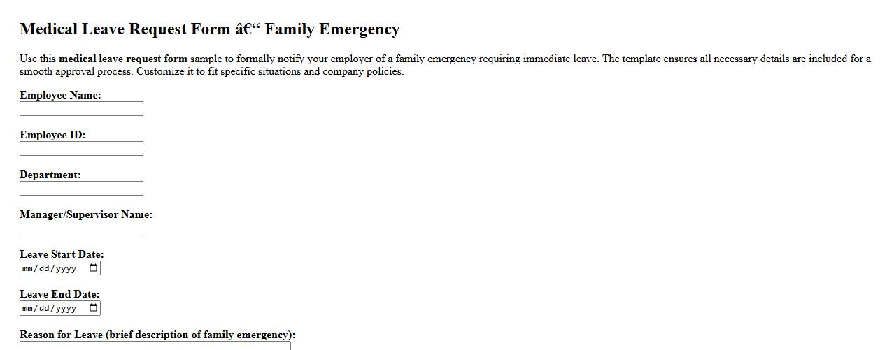 Medical leave request form sample for family emergency image preview