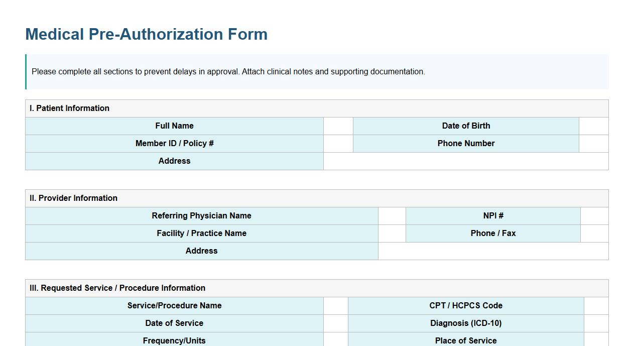 medical pre-authorization form sample for insurance approval image preview
