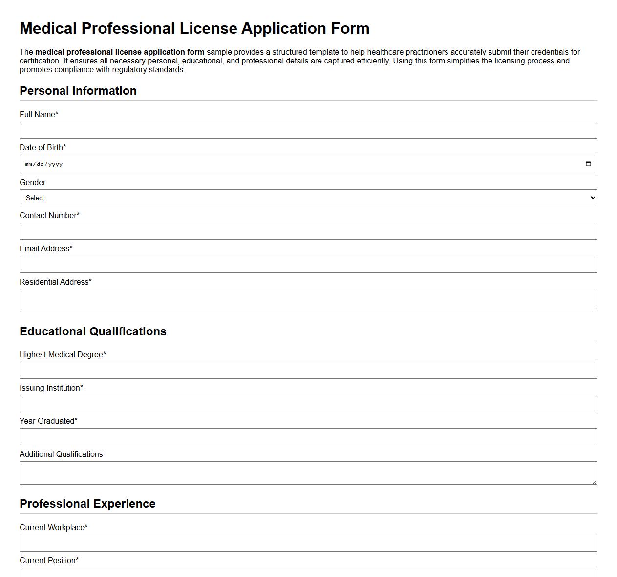 Medical professional license application form sample image preview